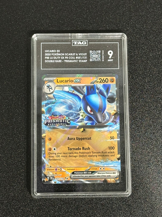 Pokemon Lucario ex 051/131 Double Rare Prismatic Evolutions STAMPED TAG 9 MINT