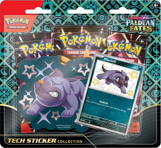 Pokémon TCG: Scarlet & Violet—Paldean Fates Tech Sticker Collection – Maschiff (1 Foil Promo Card & 3 Booster Packs)