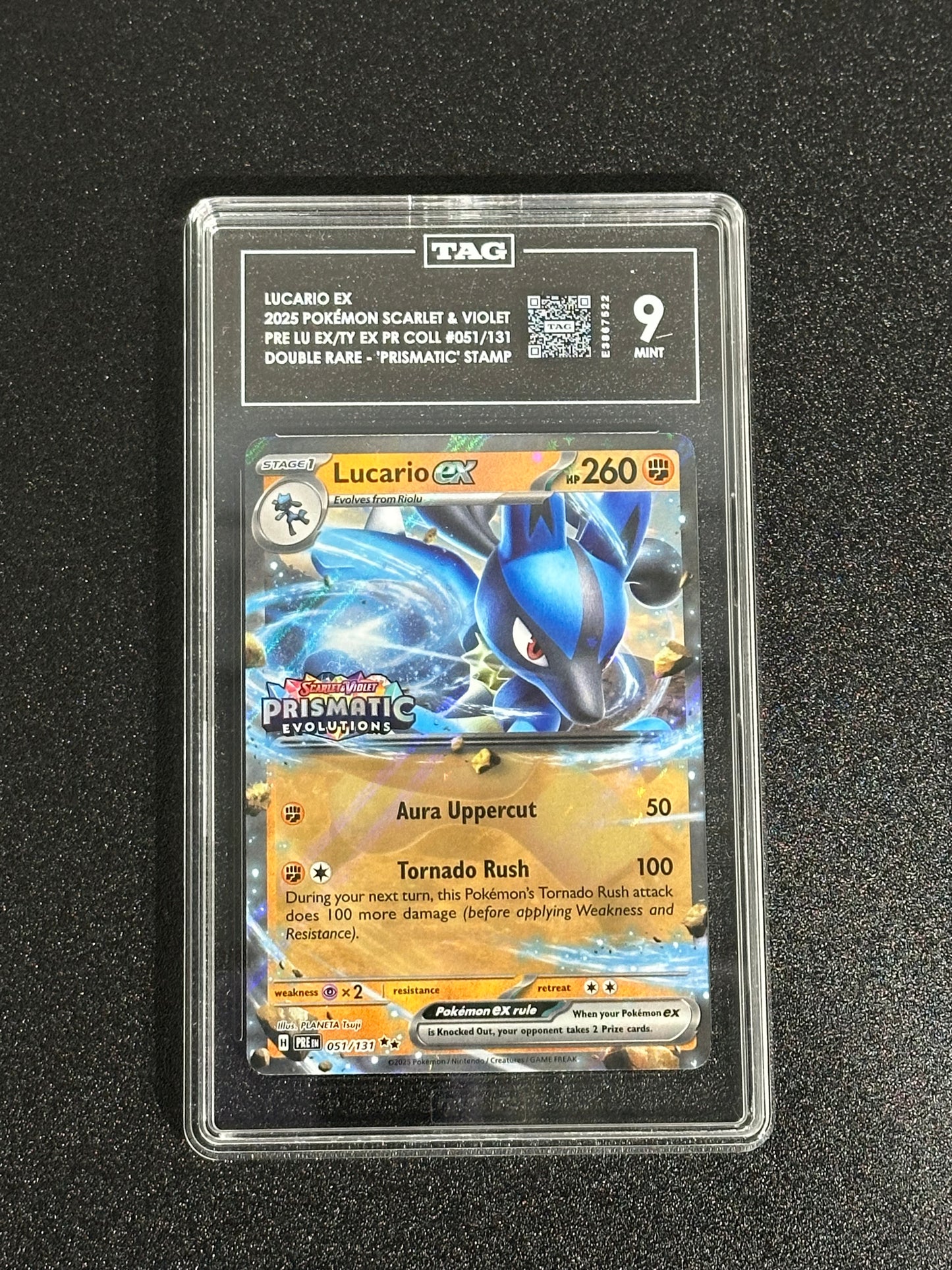 Pokemon Lucario ex 051/131 Double Rare Prismatic Evolutions STAMPED TAG 9 MINT