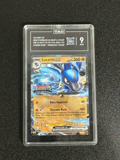 Pokemon Lucario ex 051/131 Double Rare Prismatic Evolutions STAMPED TAG 9 MINT