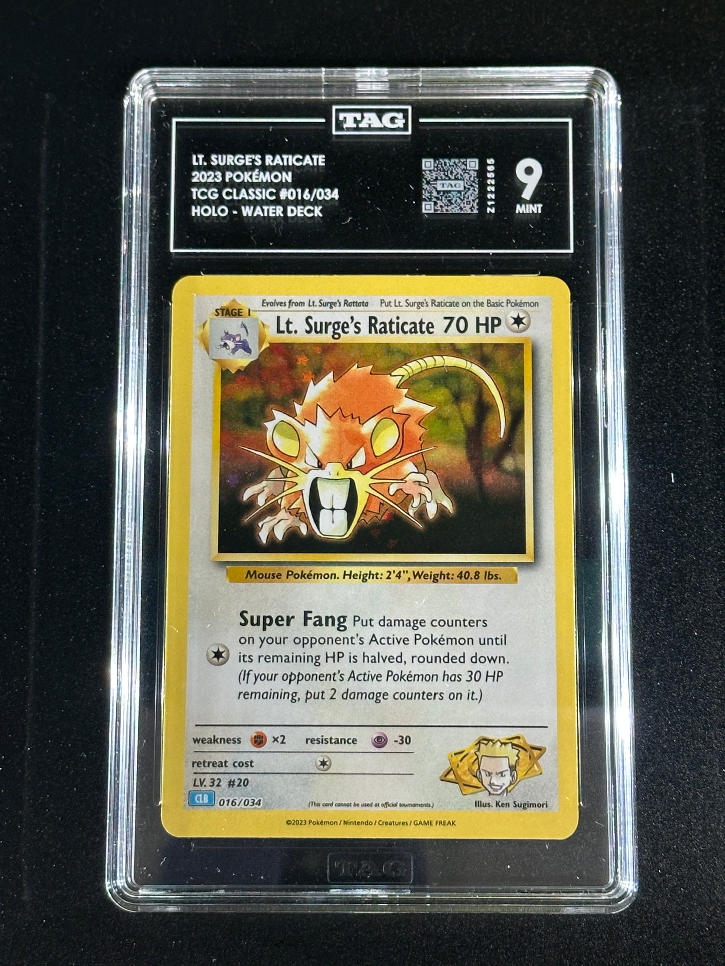 Pokemon Lt. Surge's Raticate 016/034 Holo TCG Classic TAG 9 Mint