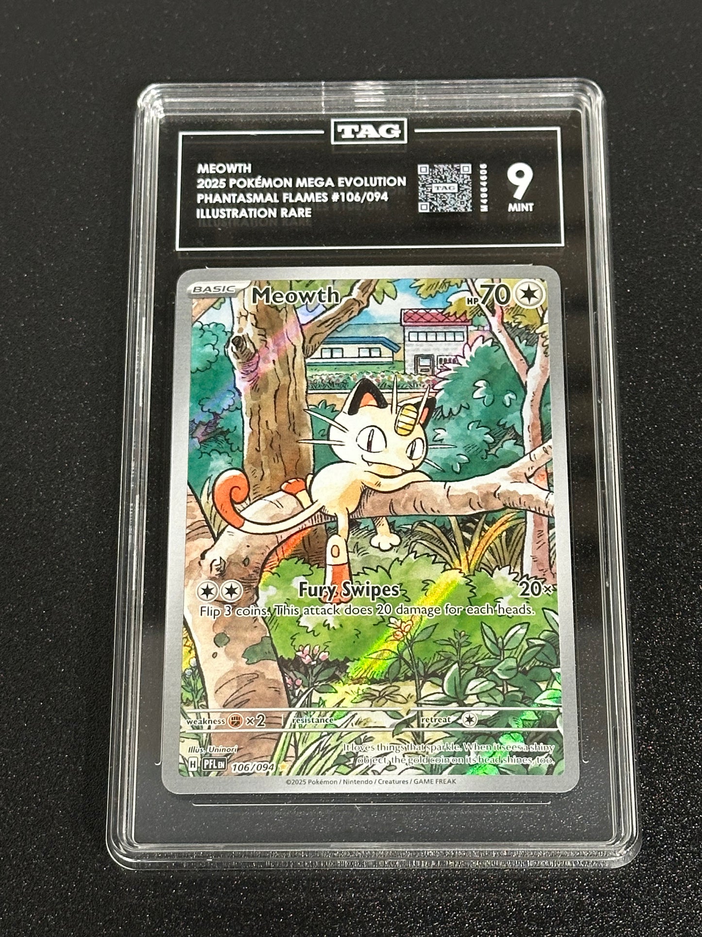 Pokemon Meowth 106/094 Illustration Rare Phantasmal Flames TAG 9 MINT