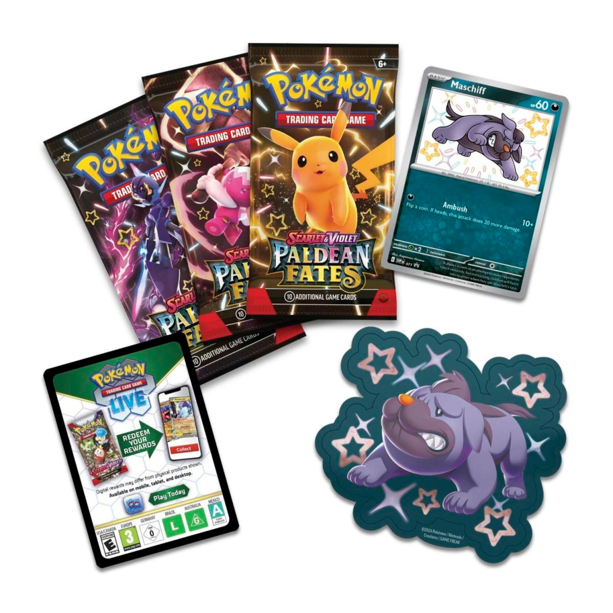 Pokémon TCG: Scarlet & Violet—Paldean Fates Tech Sticker Collection – Maschiff (1 Foil Promo Card & 3 Booster Packs)