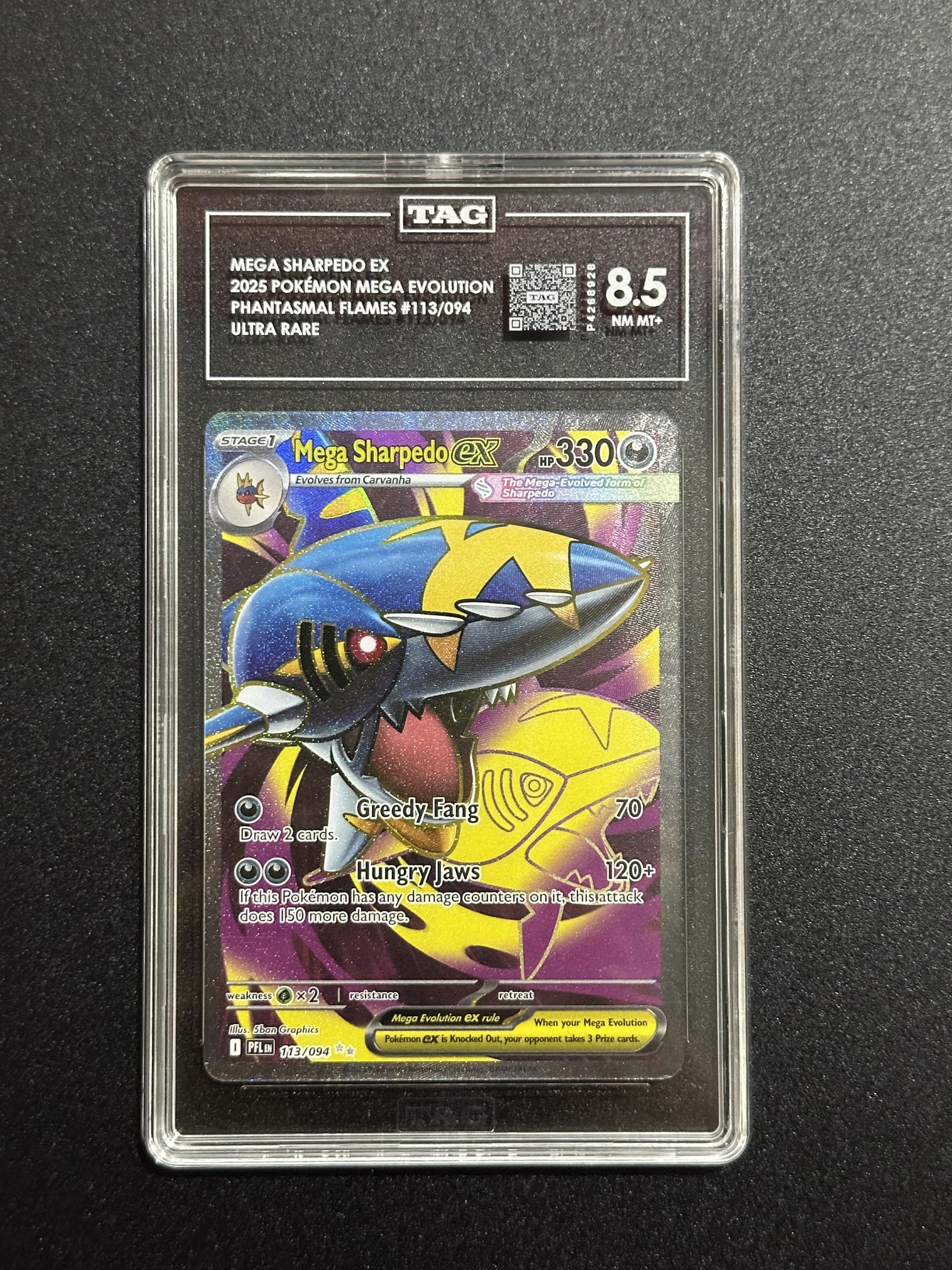 Mega Sharpedo ex 113/094 Ultra Rare Phantasmal Flames TAG 8.5 NM MT+ - front