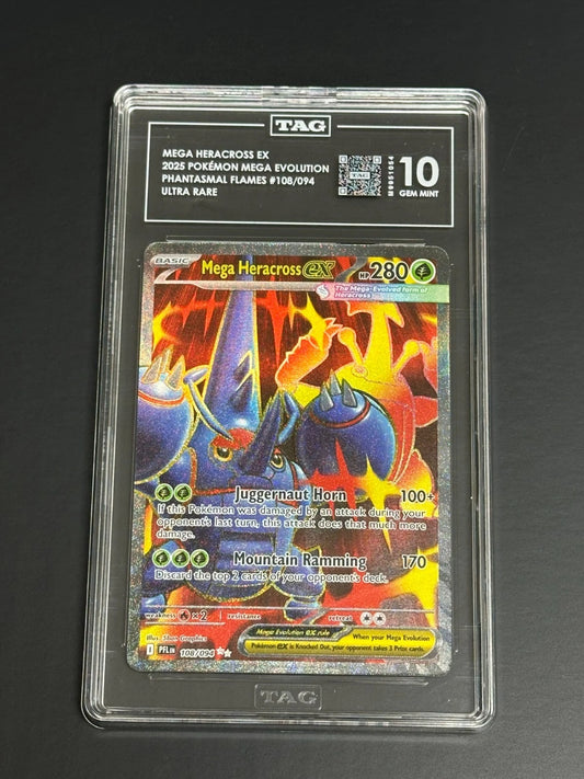 Pokemon Mega Heracross ex 108/094 Ultra Rare Phantasmal Flames TAG 10 Gem Mint