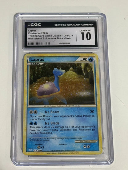Pokemon Lapras 008/034 CGC 10 Gem Mint Holo 2023 Classic Blastoise Deck